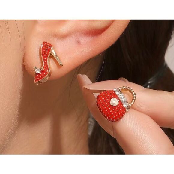 NWT 14K Gold Plated Red Rhinestone High Hell Purse Dainty Earrings - Picture 1 of 4